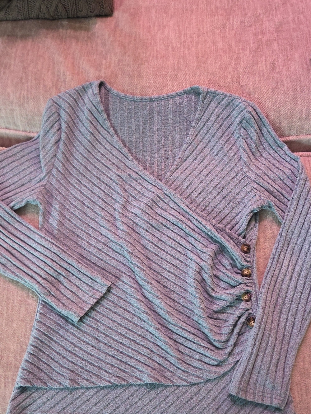 SHEIN Light Blue Ribbed V-Neck Wrap Sweater with Side Buttons